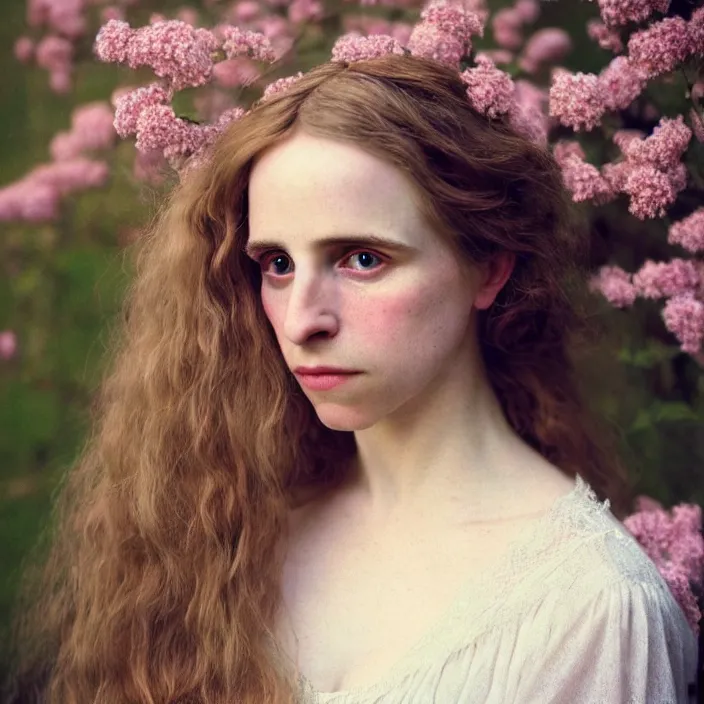 Prompt: Kodak Portra 400, 8K, soft lighting, volumetric lighting, highly detailed, brit marling style 3/4 ,portrait photo of a beautiful woman how pre-Raphaelites painter, inspired by Ophelia Millais , a beautiful lace dress and hair are intricate with highly detailed realistic beautiful flowers , Realistic, Refined, Highly Detailed, natural outdoor soft pastel lighting colors scheme,faded colors, outdoor fine art photography, Hyper realistic, photo realistic