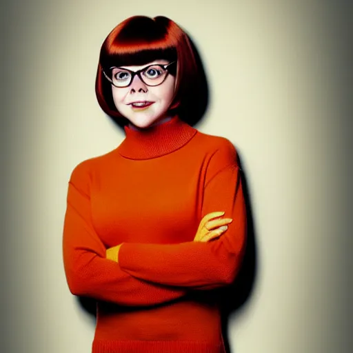 Image similar to Stunning Real Life Beautiful Portrait Scene of Velma Dinkley wearing her iconic orange sweater from Scooby Doo in court for falsely accusing someone of being a criminal by Greg Rutkowski. Velma is a teenage female, with chin-length auburn hair and freckles. She is wearing a baggy, thick turtlenecked orange sweater, with a red skirt, knee length orange socks and black Mary Jane shoes. Soft render, Pixiv, artstation