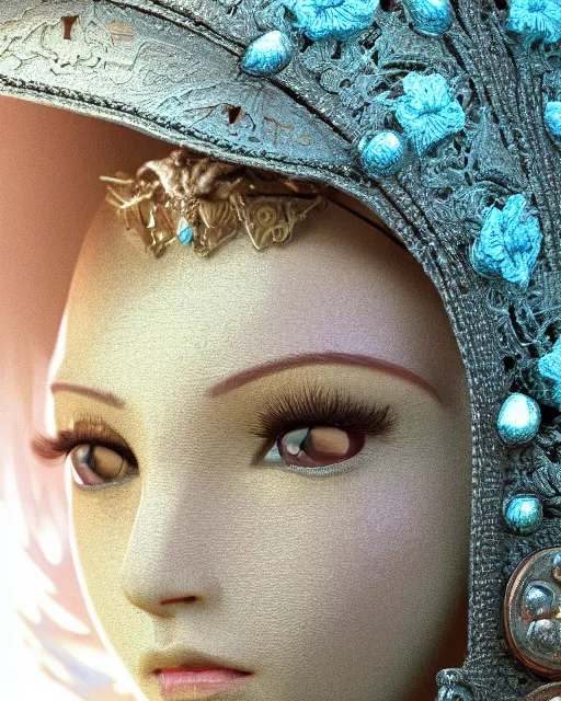 Image similar to macro closeup headshot of a beautiful seductive crochet doll wearing full plate armor, d & d, fantasy, rim light, volumetric lighting, digital painting, artstation, concept art, smooth, sharp focus, illustration, art by arney freytag, glamour pose, greg rutkowski, maxfield parrish and alphonse mucha, sunrise, new art nouveau, soft ambient lighting, particle effects