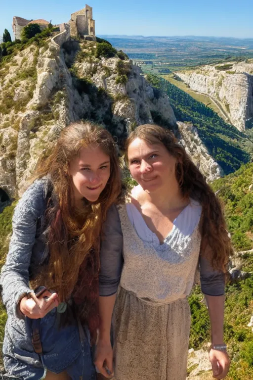 Image similar to selfie from a mobile phone of jesus and mary magdalene standing on a cliff looking over a beautiful landscape in france, languedoc, award winning photo, very detailed, very realistic