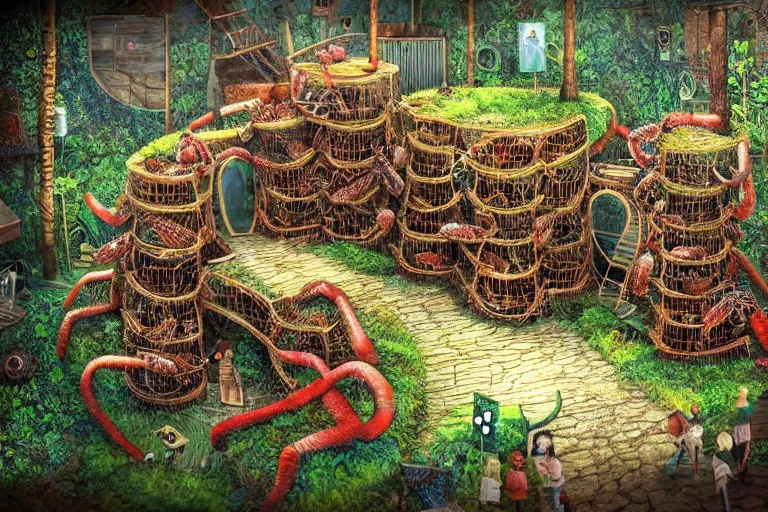 Image similar to favela lobster labyrinth hive, wooded environment, industrial factory, soothing, whimsical, award winning art, epic dreamlike fantasy landscape, ultra realistic,