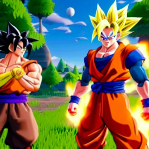 Prompt: a game still of goku in fortnite, in - game shot