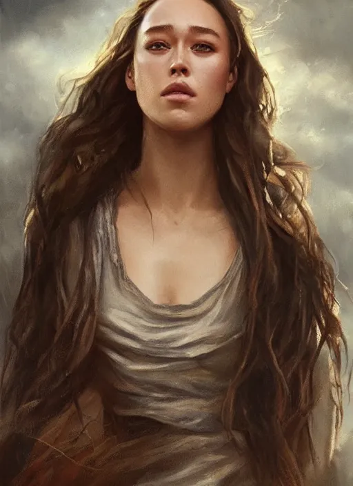 Image similar to alycia debnam - carey, beautiful highly detailed face, complementary lighting, backlit, black eyeshadow, grinning, adventure, dramatic lighting, landscape background, beautiful painting by artgerm and greg rutkowski and raymond swanland