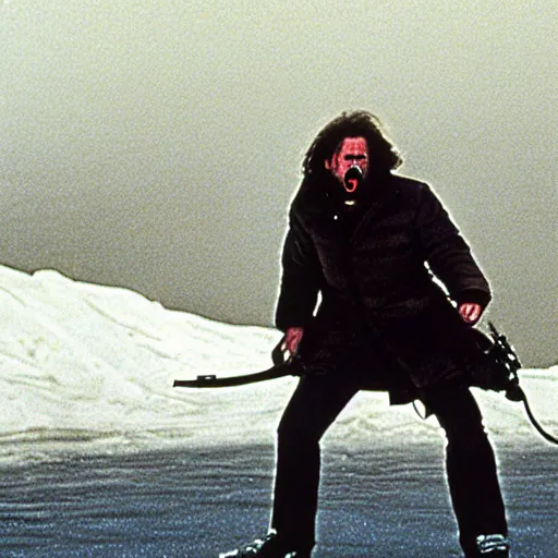 Image similar to movie still from the thing (1982), rendering of harry kane as macready, cinematic, action, full body action shot, john carpenter,