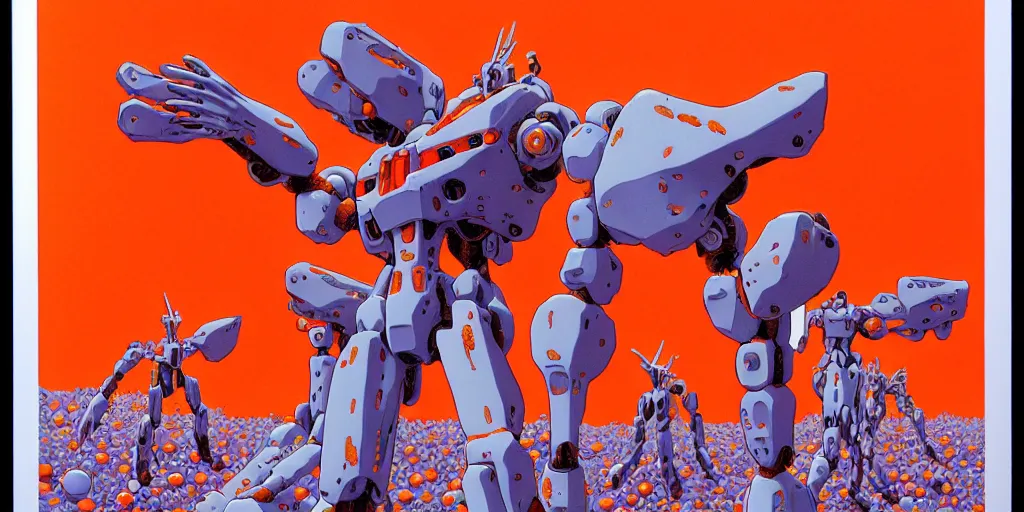 Image similar to risograph rendition of extremely - detailed white huge evangelion - like mech with a lot of orange tiny balls on it, children faces, ominous, intricate complexity, dramatic, epic composition, atmospheric, painting by moebius