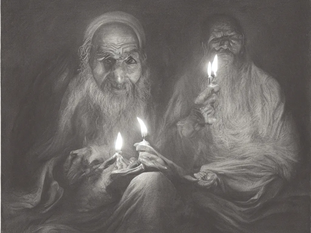 Image similar to Expressive portrait of an old Indian yogi. Candlelight. Painting by Gustave Dore, August Sander