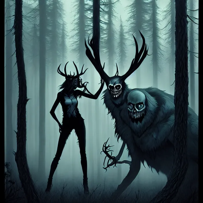 Image similar to style artgerm, joshua middleton, tim jacobus, scary wendigo with antlers and skull face mixed with werewolf, in the forest, detailed, dark and foggy, cinematic lighting