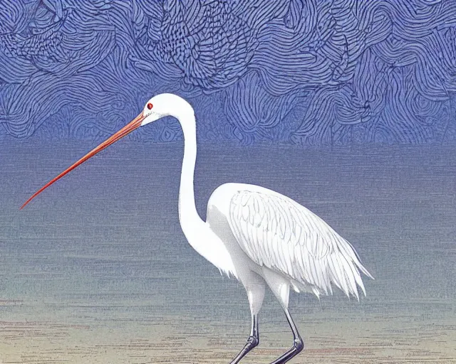 Image similar to a white crane bird hunting in shallow water by abandoned greek architecture, close up, digital art, illustrated by james gurney and victo ngai