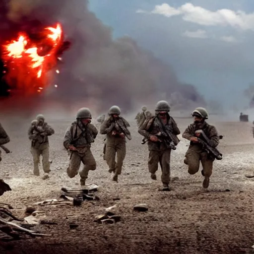 Image similar to american soldiers running at the camera with rifles during normandy beach landing with fiery explosions and debris and dead bodies and limbs all around them in the style of the movie lone survivor and saving private ryan, gritty, 4 k, cinematic lighting, rule of thirds, high power explosions causing bodies to explode with bloody pieces