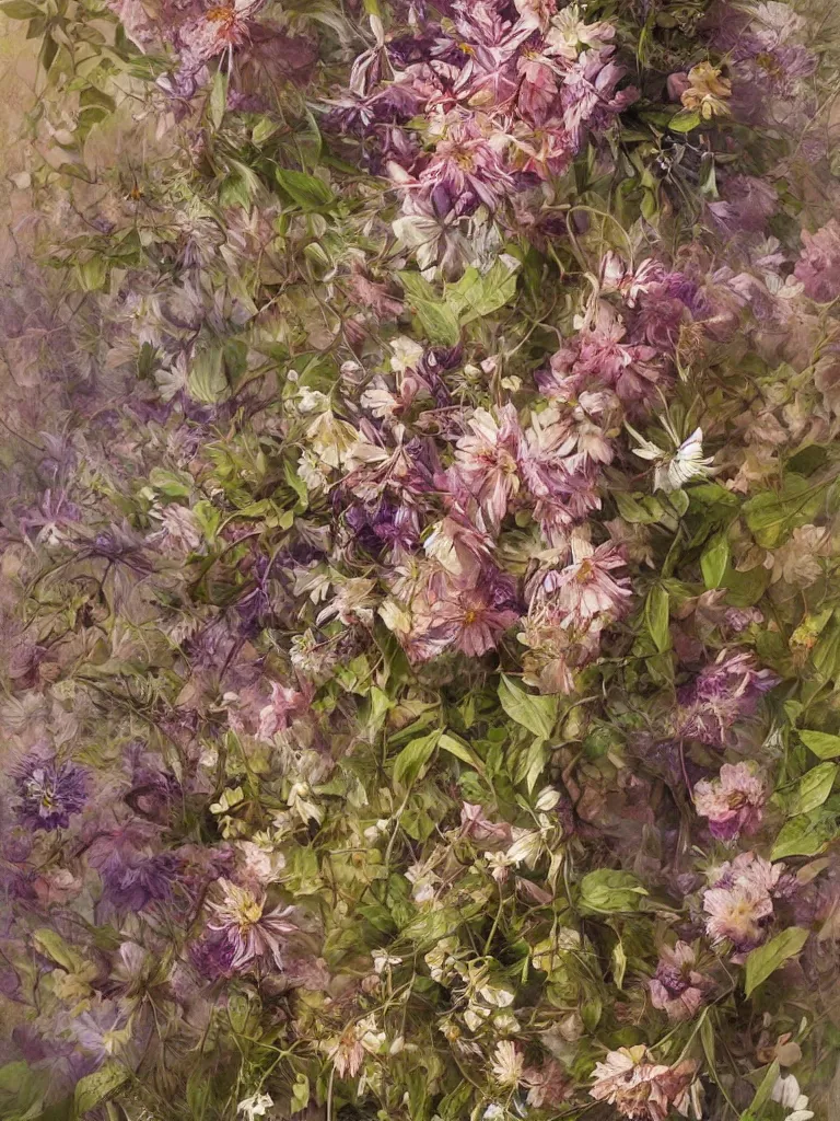 Prompt: a chaotic whirlwind of fresh wildflowers and leaves, intricate details, aesthetically pleasing and harmonious natural colors, art by marco mazzoni, impressionism, detailed, dark, spring, flowers