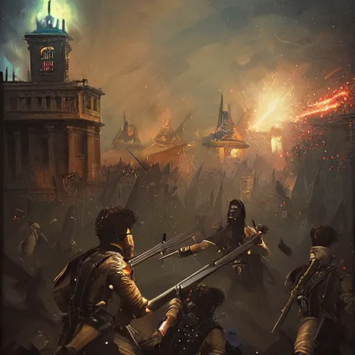 Image similar to magic cannons shotting. Magic muskets shooting at night in a revolution. 1700 style, symmetric face, hyperrealism, epic fantasy digital art, fantasy style art, by Greg Rutkowski, fantasy magic the gathering card art style