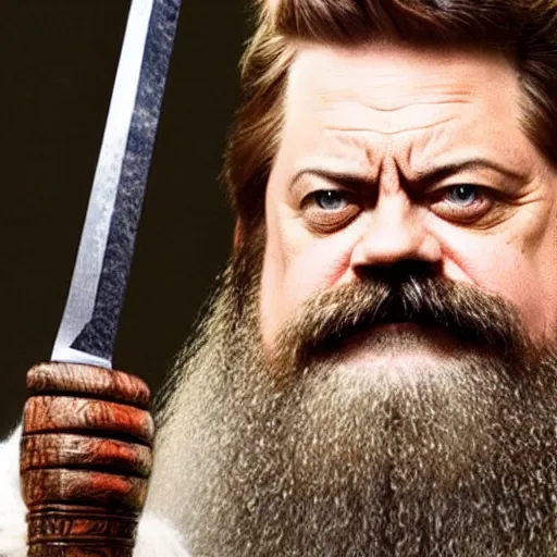 Image similar to ron swanson is a white haired, bearded dwarven cleric carrying a holy symbol in his right hand and a holy sword in his left hand