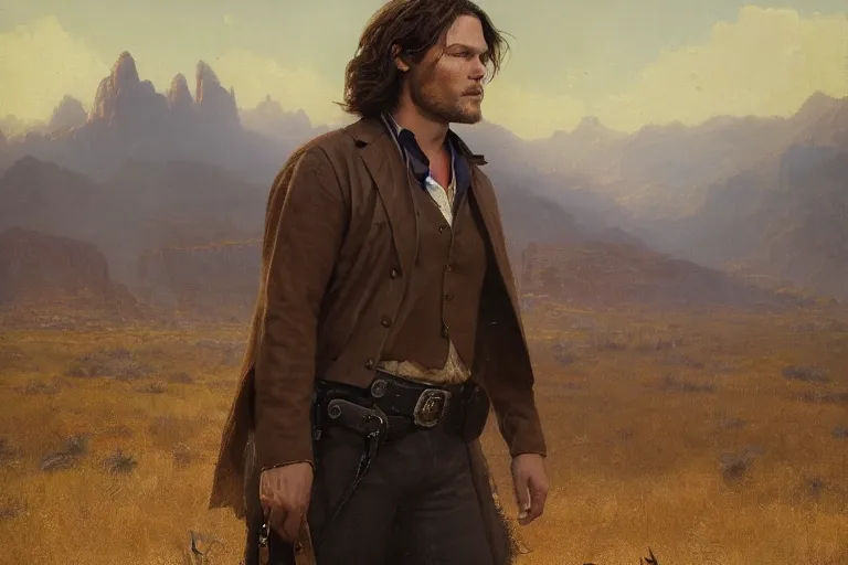 Image similar to an ultradetailed image of sam winchester as an old west gunfighter, masterpiece, 8 k, art by greg rutkowski and albert bierstadt