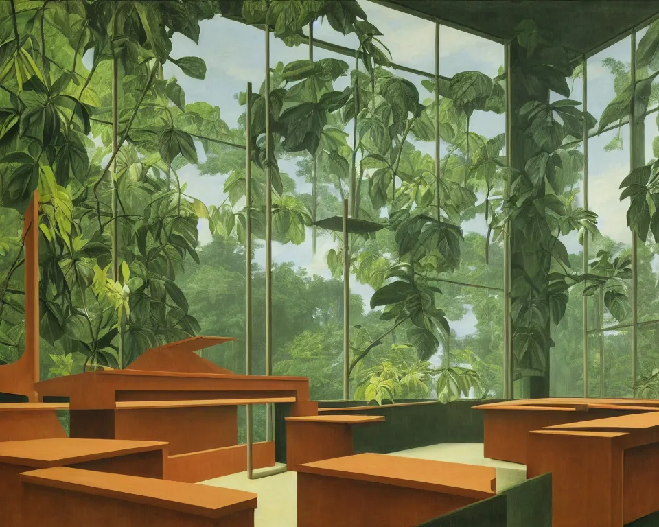 Prompt: a modernist courtroom in the rainforest by raphael, hopper, and rene magritte. detailed, proportional, romantic, vibrant, enchanting, achingly beautiful, graphic print, trending on artstation, jungle, tropical, foliage, white flowers