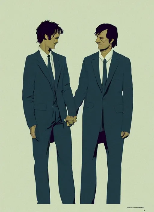 Image similar to portrait of Mads Mikkelsen and Hugh Dancy holding hands romantically as they chaperone school dance by Michael Whelan, Bob Larkin and Tomer Hanuka, simple illustration, domestic, nostalgic, clean, Matte painting, trending on artstation and unreal engine, New Yorker magazine cover