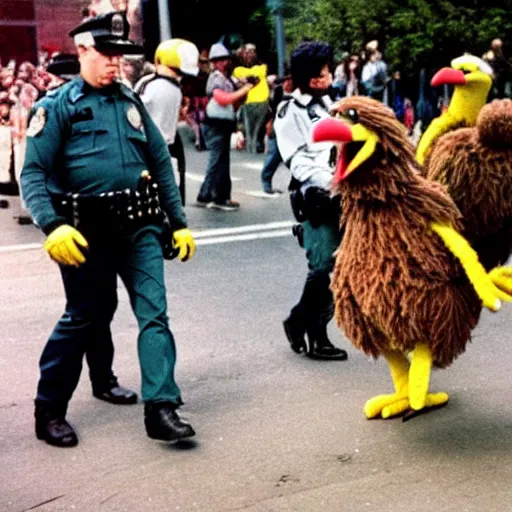 Image similar to a photo of big bird from Sesame Street being arrested at a riot