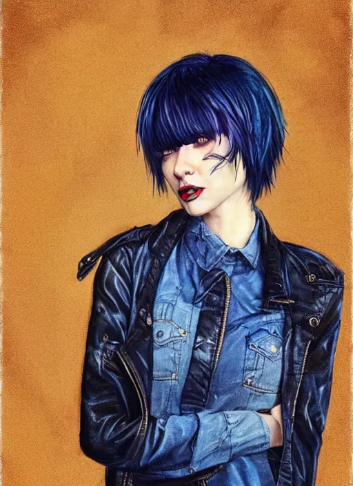 Image similar to medium shot, low angle, grunge style, nice pale girl with midnight blue hair, messy dyed in midnight blue bob cut hairstyle, amber oval eyes, grunge clothes, jeans, high boots, dynamic pose, digital art, highly detailed, sharp focus, digital painting, artwork by Rutkowsky, by Victor Adame Minguez by Yuumei by Tom Lovell by Sandro Botticelli