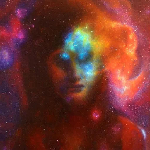 Image similar to hypatia dissolving into a nebula, smiling, oil painting