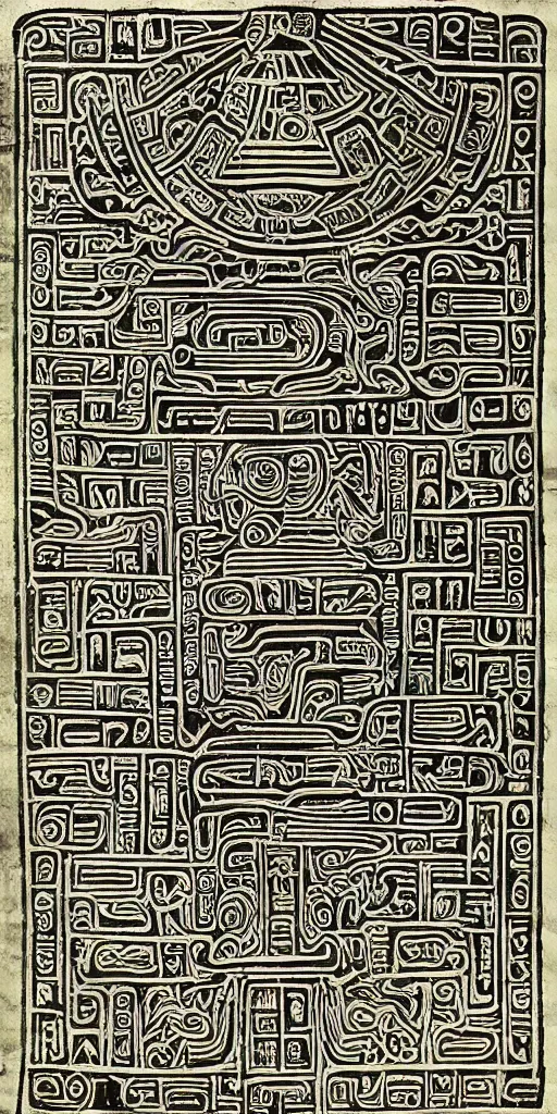 Image similar to mayan hieroglyph blueprints to a spaceship