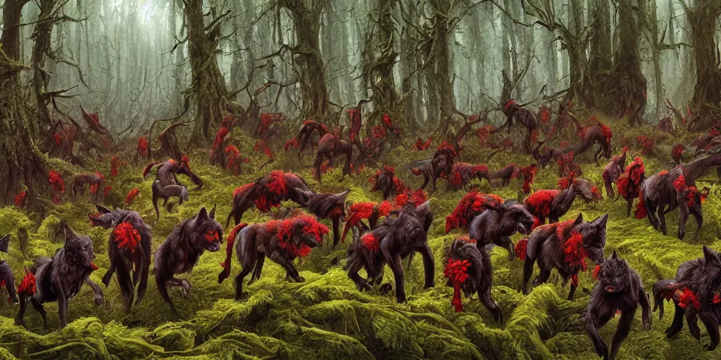 Prompt: a vast horde of massive black wolves, with red eyes, galloping through a mossy green forest of tangled ancient trees and red flowers, by paul bonner, james gurney and andreas rocha, magic hour