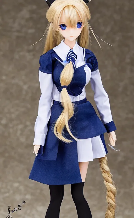 Image similar to dollfie in school uniform, blonde hair, blue eyes, black skirt and white blouse