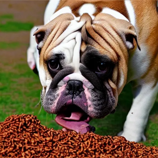 Prompt: bulldog eats worms