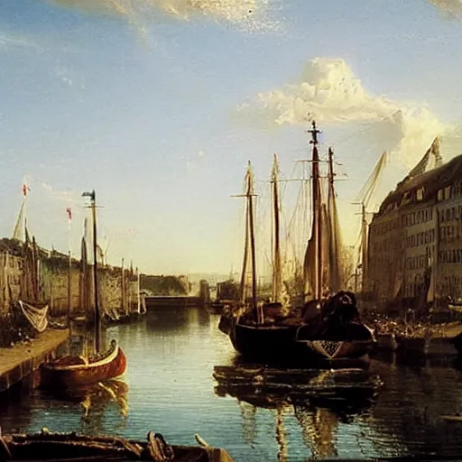 Prompt: boats in copenhagen on a bright and sunny day. hygge. painting by thomas cole
