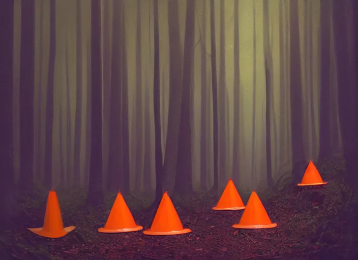 Prompt: a few orange safety cones in a beautiful strange forest, cinematic painting by james jean, atomspheric lighting, moody lighting, dappled light, detailed, digital art, limited color palette, wes anderson, 2 4 mm lens, surreal