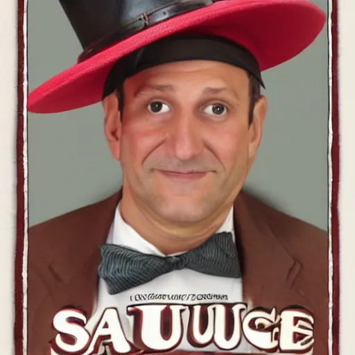 Prompt: sausauge with a hat