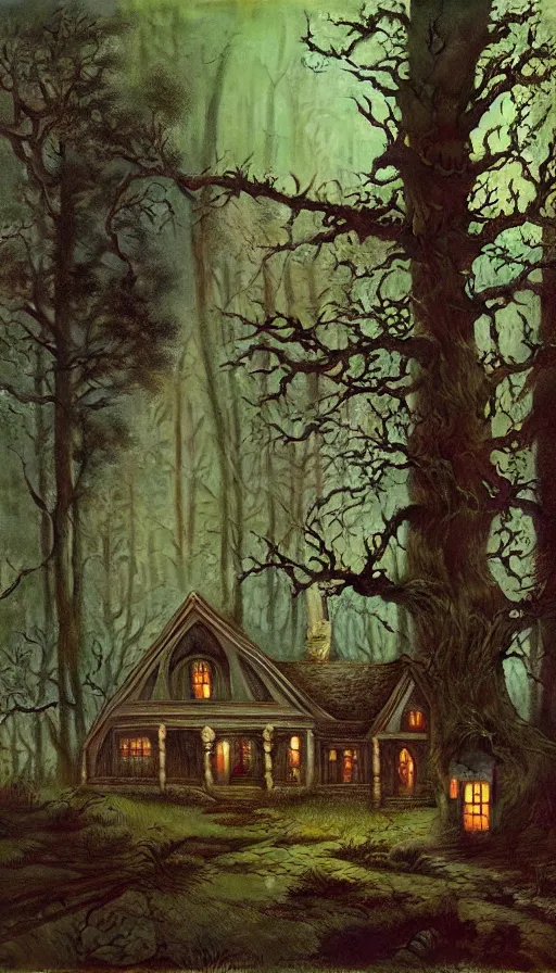 Image similar to witch cottage rococo in the woods moody lighting, highly detailed, painting by zdzisław beksinski and norman rockwell and greg rutkowskiweta studio, and lucasfilm