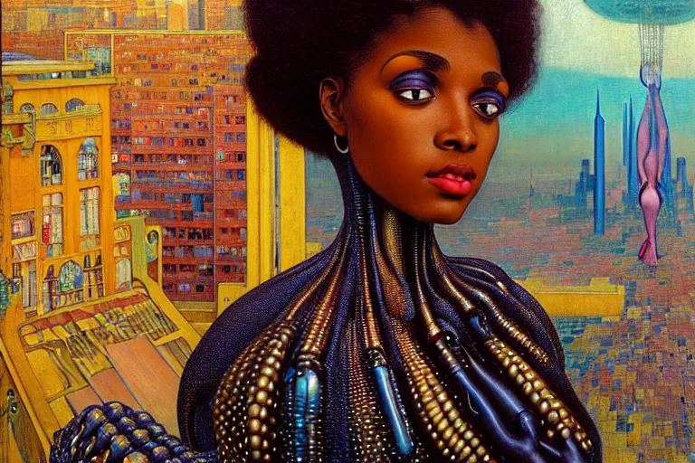 Image similar to realistic extremely detailed closeup portrait painting of a beautiful black woman in a dress with a robot, city street on background by Jean Delville, Amano, Yves Tanguy, Ilya Repin, Alphonse Mucha, William Holman Hunt, Ernst Haeckel, Edward Robert Hughes, Roger Dean, rich moody colours