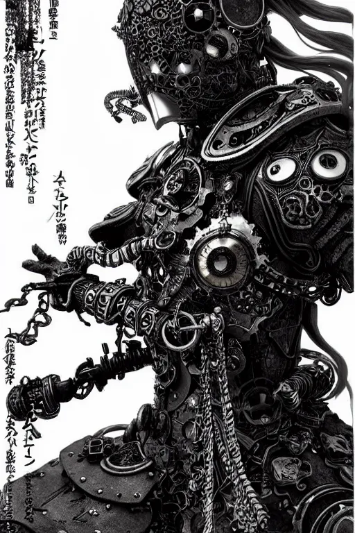 Image similar to a vertical portrait of a character in a scenic environment by Yoshitaka Amano and Nihei Tsutomu, black and white, dreamy, steampunk armor, highly detailed