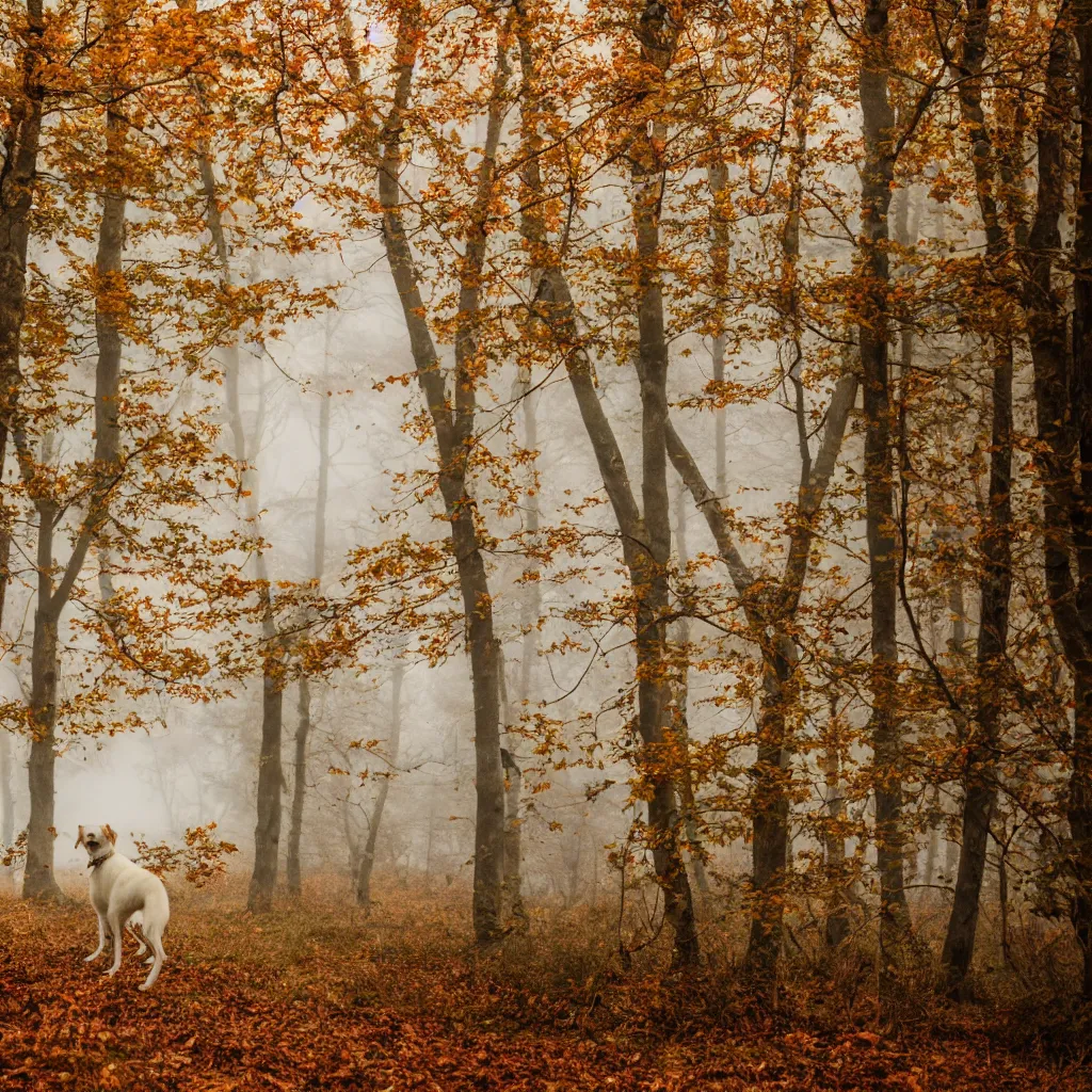 Prompt: one white laika dog, autumn, foggy old forest, very detailed, 4 k, professional photography