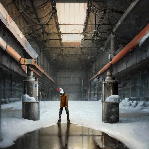 Image similar to beautiful snow - covered plumber posing in factory, half - length portrait, perfect symmetrical eyes, cinematic by peter mohrbacher, detailed, hyperrealism