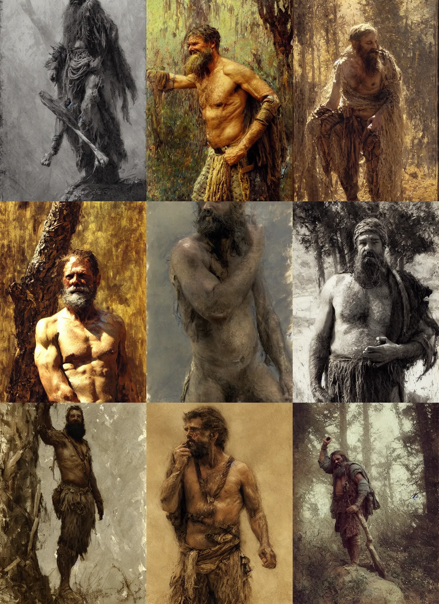 Prompt: half-tree medieval traveller with bark skin, bearded and built, happily tired after a long journey, half-body shot, candid, character study by Gaston Bussiere, Craig Mullins