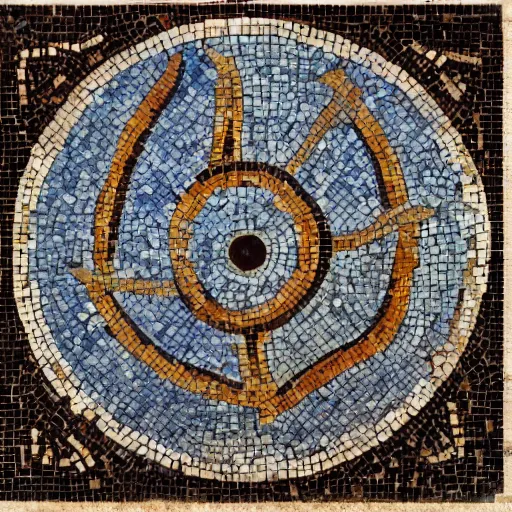 Prompt: medium shot Mosaic of an stylised almond shaped eye, from Italica, AD 176-275. Archaeological Museum, Seville. Byzantine mosaics, highly detailed, HQ, HD, National Geographic,