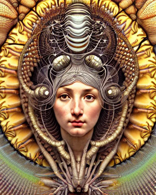 Image similar to hyperrealistic detailed face portrait of the beautiful goddess of the giant isopods with an intricate golden ornamental geometrical fractal giant isopod masked headdress, art by ernst haeckel, john william godward, android jones, alphonso mucha, h. r. giger, gothic - cyberpunk, ornamental, dimmed pastel colours,