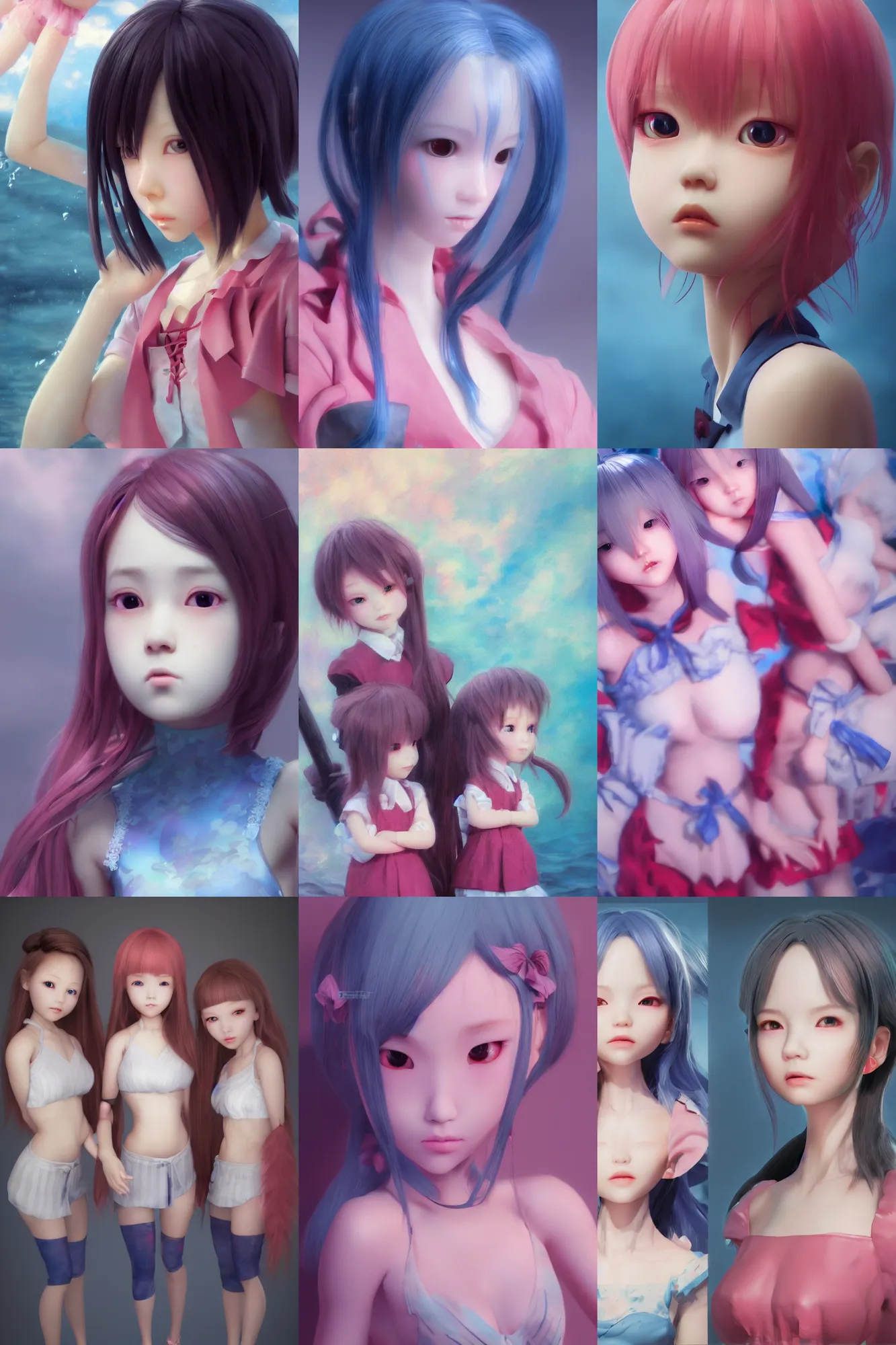 Prompt: 3d dark infrared octane render concept art by D. Jun, by Mo Xiang Tong Xiu, by Igarashi Daisuke, beauty portrait anime schoolgirls dolls under dark pink and blue water. cute face. dramatic light, trending on artstation, oil painting.
