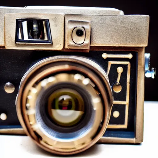 Prompt: product photo of a steampunk medium format camera