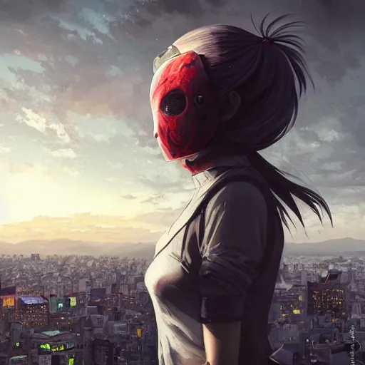 Image similar to melancholic girl wears a tokyo ghoul mask while looking at the city, incredible view of Santiago at dawn, illustration by Greg Rutkowski and Yoshitaka Amano