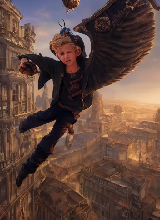 Image similar to An epic fantasy comic book style portrait painting of a young blonde boy thief flying out of a steampunk city, unreal 5, DAZ, hyperrealistic, octane render, cosplay, RPG portrait, dynamic lighting