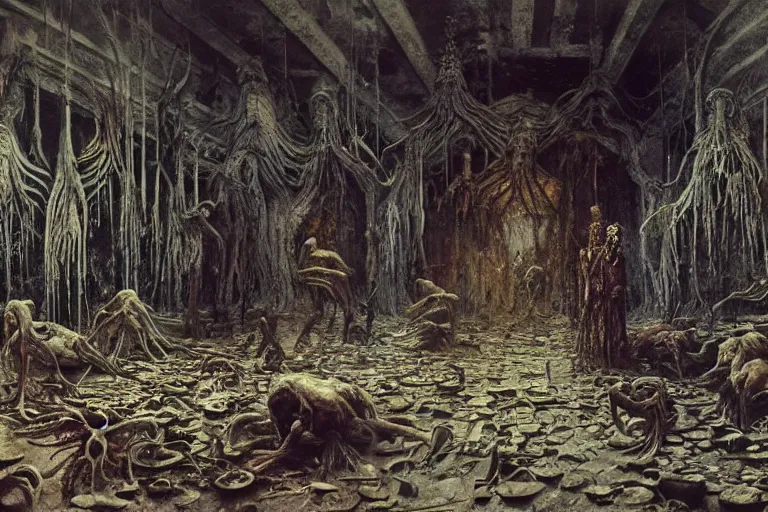 Image similar to an eerie painting of a cacophony of demons sacrificing humans in a grungy derelict georgian manor interior with colourful graffiti on the walls and garbage scattered on the floor, reclaimed by nature by zdzisław beksinski, wayne barlowe, hr giger, luis royo, agostino arrivabene