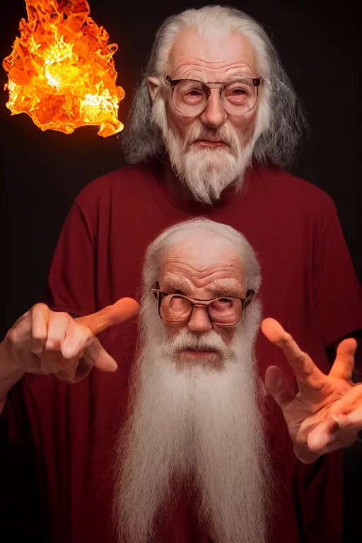 Prompt: elderly wizard conjuring up a fireball in his hand, promotional photo, studio lighting, portrait