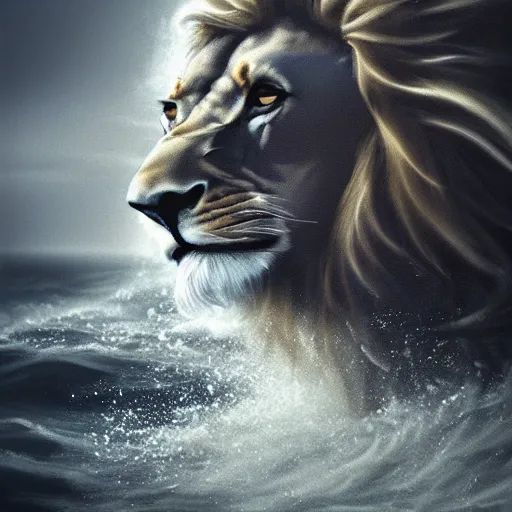 Image similar to a male lion's face breaching through a wave, stormy weather, ocean sprites, closeup of face, trending on artstation, dark lighting