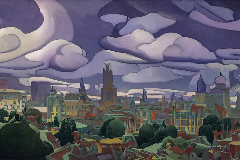 Prompt: view of the old grey city and its gardens after a storm, tall windows lit up, beautiful ornamental architecture, dramatic cinematic lighting, rich colors, by Nicholas Roerich and William Dyce and April Gornik and Sylvain Sarrailh and Ludwig Deutsch and Diego Rivera, featured on artstation