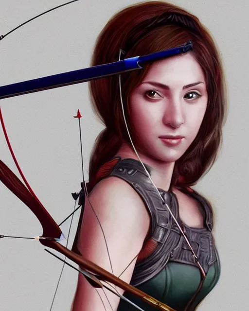 Image similar to illustration of a women posing with a bow and arrow, female archer, warrior, realistic face, heroes archery japanese, artstation trending, concept art, digital painting