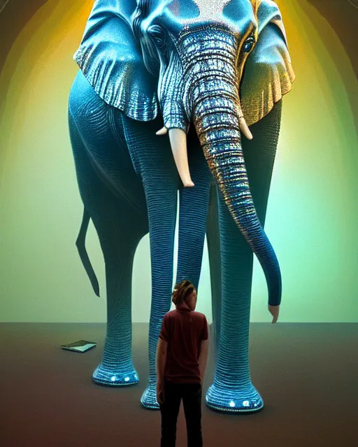 Image similar to highly detailed surreal vfx portrait of a sacred metallic chromatic geometric tribal elephant behance, stephen bliss, unreal engine, greg rutkowski, loish, rhads, beeple, makoto shinkai and lois van baarle, ilya kuvshinov, rossdraws, tom bagshaw, alphonse mucha, global illumination, detailed and intricate environment