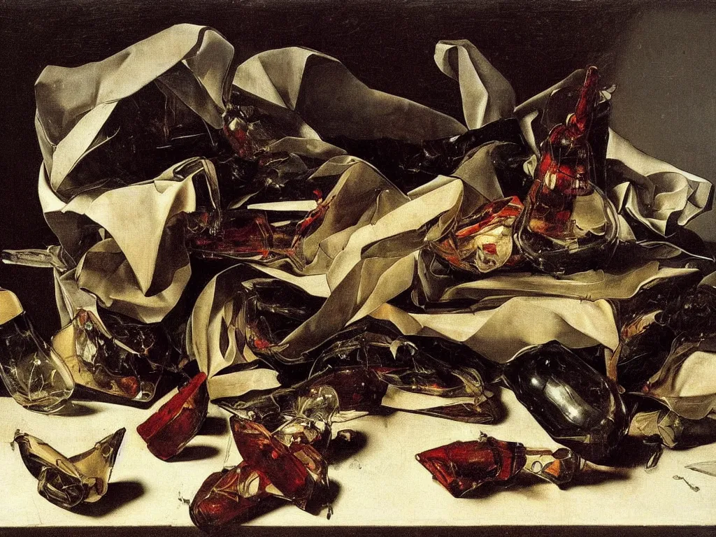 Prompt: by Michelangelo Merisi da Caravaggio Still Life with broken shattered wine bottles