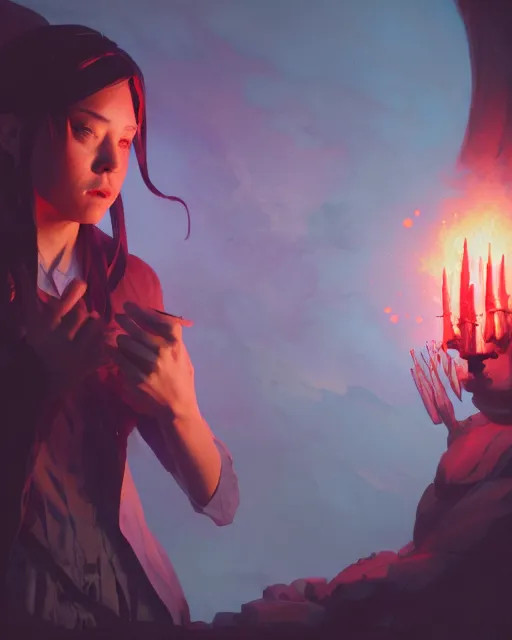 Image similar to highly detailed vfx portrait of a mage casting a blood spell, unreal engine, greg rutkowski, loish, rhads, beeple, makoto shinkai and lois van baarle, ilya kuvshinov, rossdraws, tom bagshaw, alphonse mucha, global illumination, detailed and intricate environment