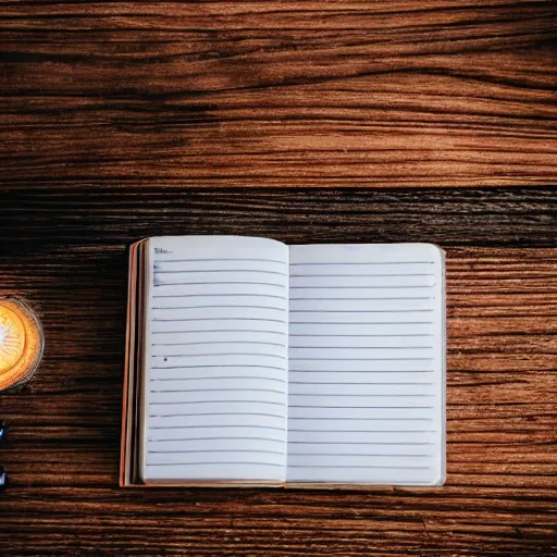 Image similar to highly detailed close up photo of an old worn notebook on wooden table, old table, feather pen, light coming out of near window, moody lighting, dust in air